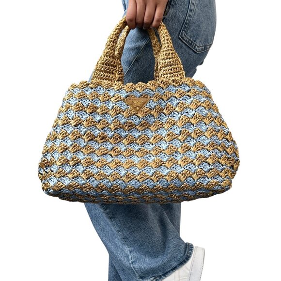 PRADA Vintage Logo Raffia Tote Bag Stripe Blue Beige Polyethylene Snap [105516] - Picture 2 of 14